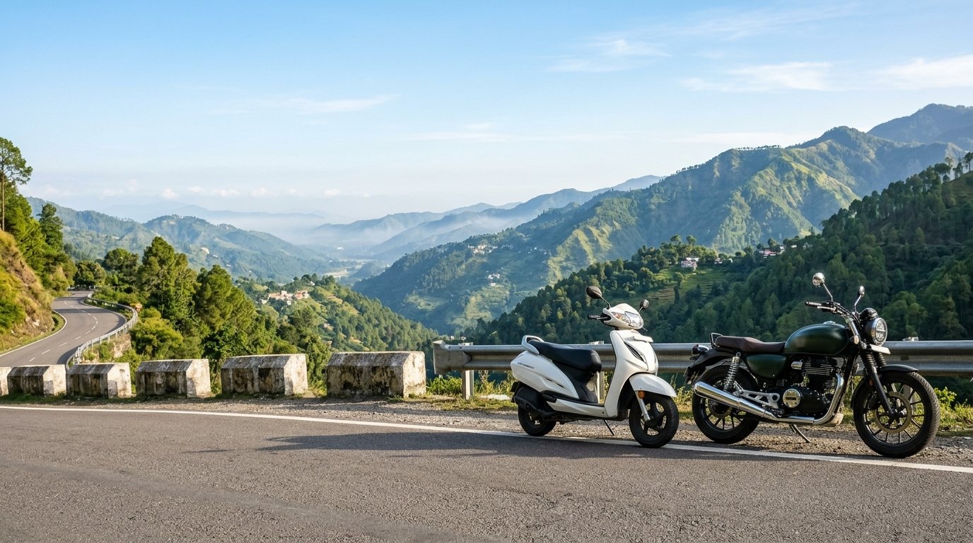 Bike and scooty rental parked at scenic Dehradun mountain viewpoint overlooking Doon valley