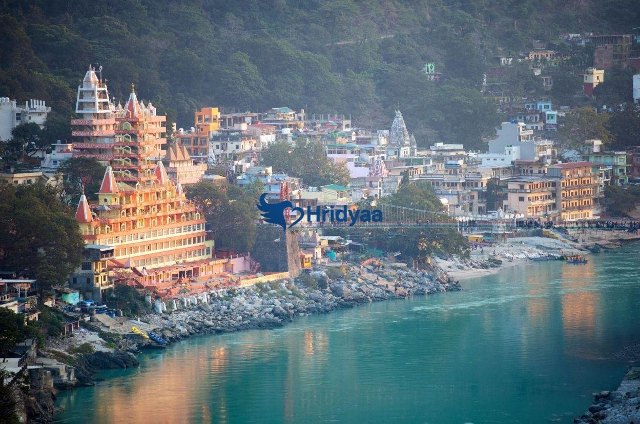 Trayambakeshwar Temple in Rishikesh with its 13-storey structure overlooking the Ganga River