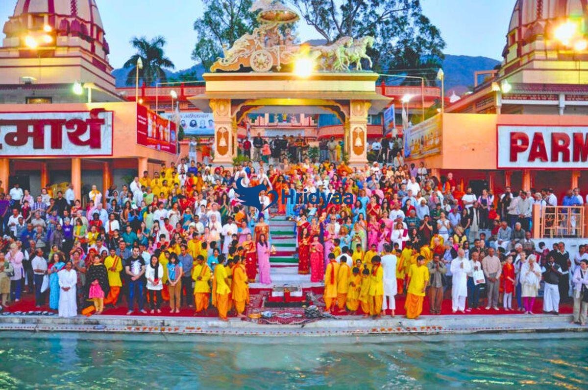 Parmarth Niketan Ashram in Rishikesh overlooking the Ganga with peaceful spiritual surroundings