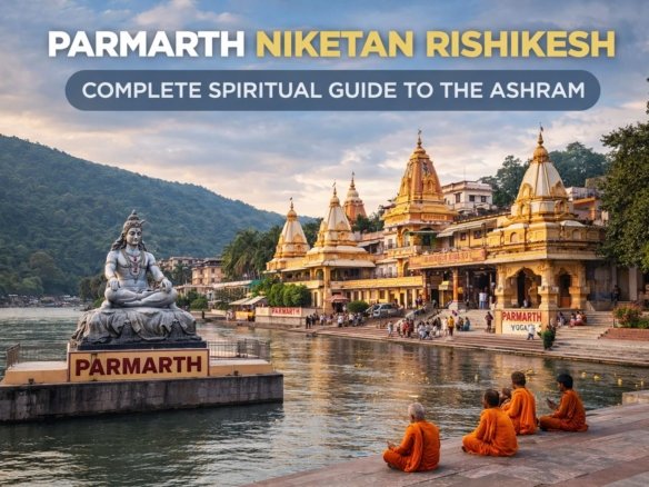 Parmarth Niketan Ashram in Rishikesh with the Shiva statue, monks sitting by the Ganga, and temple buildings along the riverbank at sunset