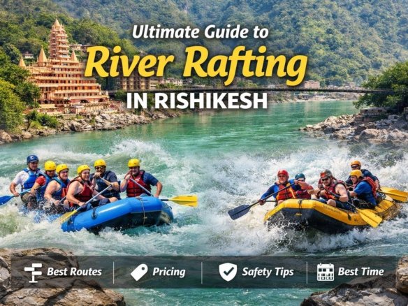 River rafting in Rishikesh on the Ganga River with adventure groups navigating white water rapids against the Himalayan backdrop