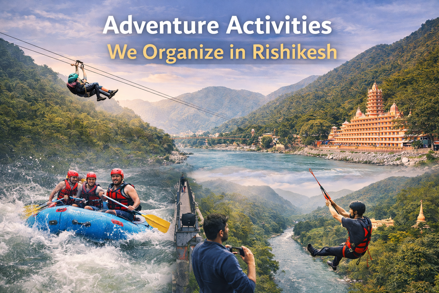 Adventure activities in Rishikesh including river rafting on the Ganga, flying fox, bungee jumping, and valley rope jump set against forested hills
