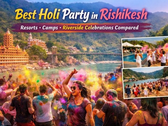 Holi celebration in Rishikesh with colorful crowds dancing by the Ganga River near riverside camps and resorts