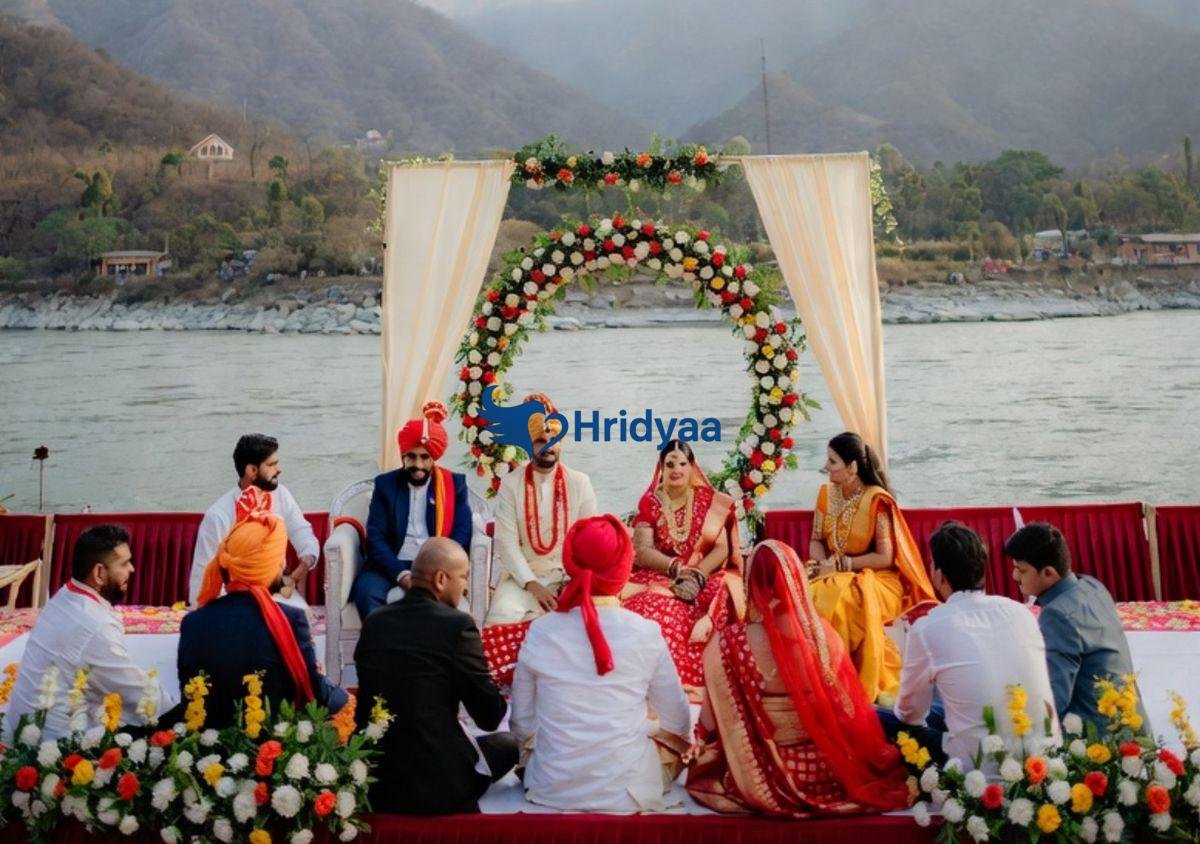 Families enjoying a calm wedding celebration in Rishikesh