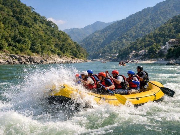 River rafting in Rishikesh during peak season with strong rapids and Himalayan backdrop