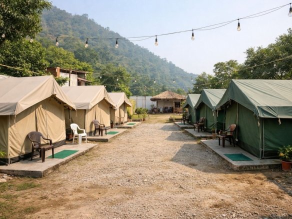 High density camping cluster in Rishikesh during peak weekend