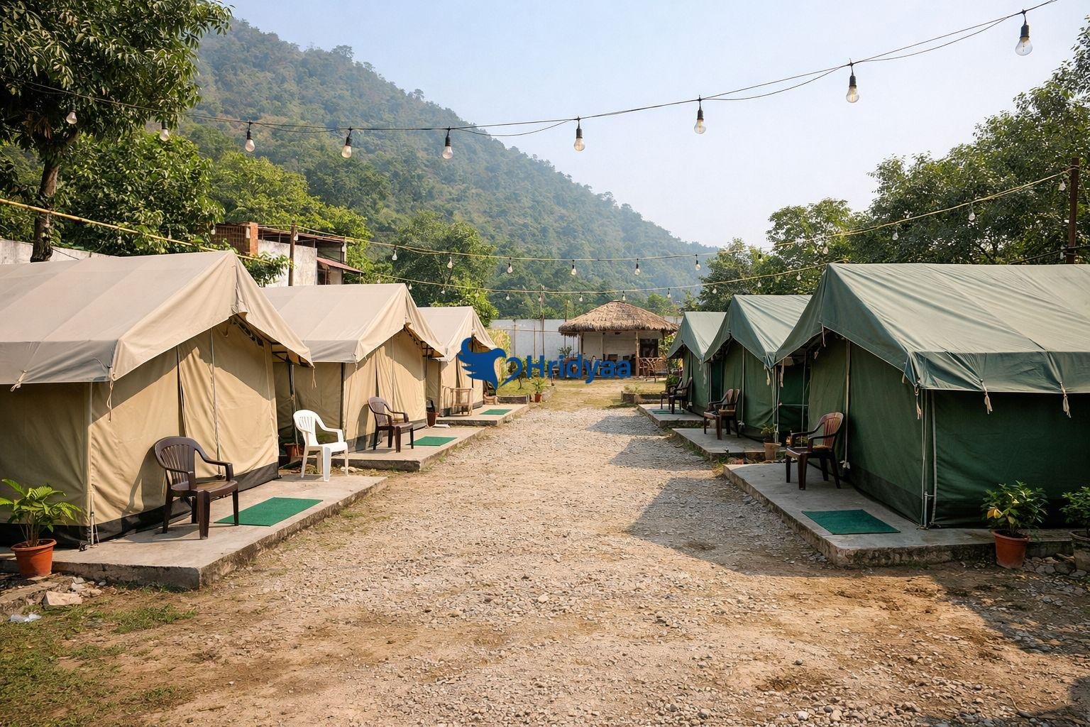 High density camping cluster in Rishikesh during peak weekend
