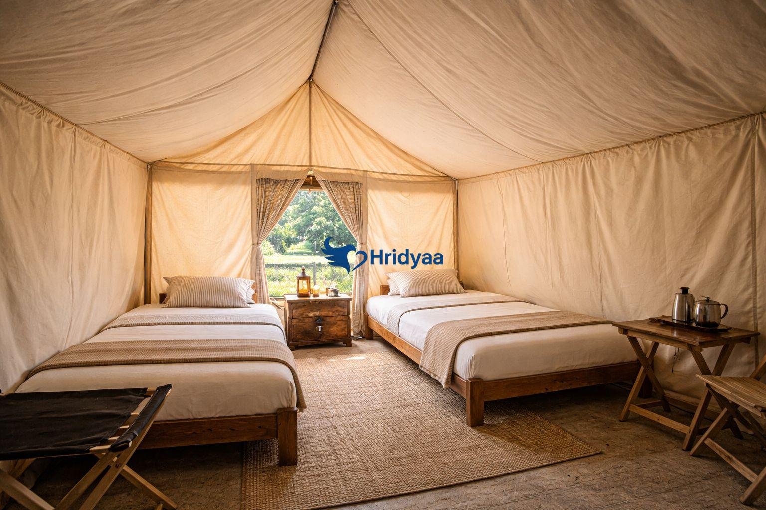 Budget Swiss tent interior at riverside camping in Rishikesh
