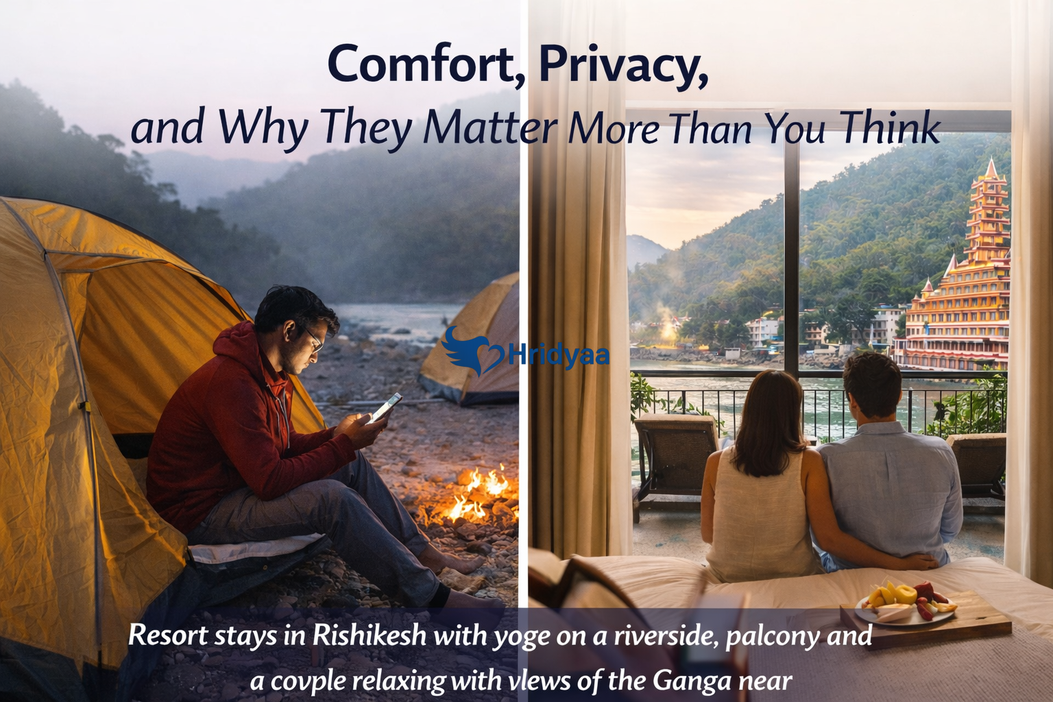 Camping versus resort comfort in Rishikesh showing a riverside tent stay contrasted with a private room overlooking the Ganga