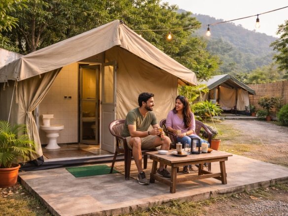 Temporary seasonal tent camping setup in approved zone near Ganga
