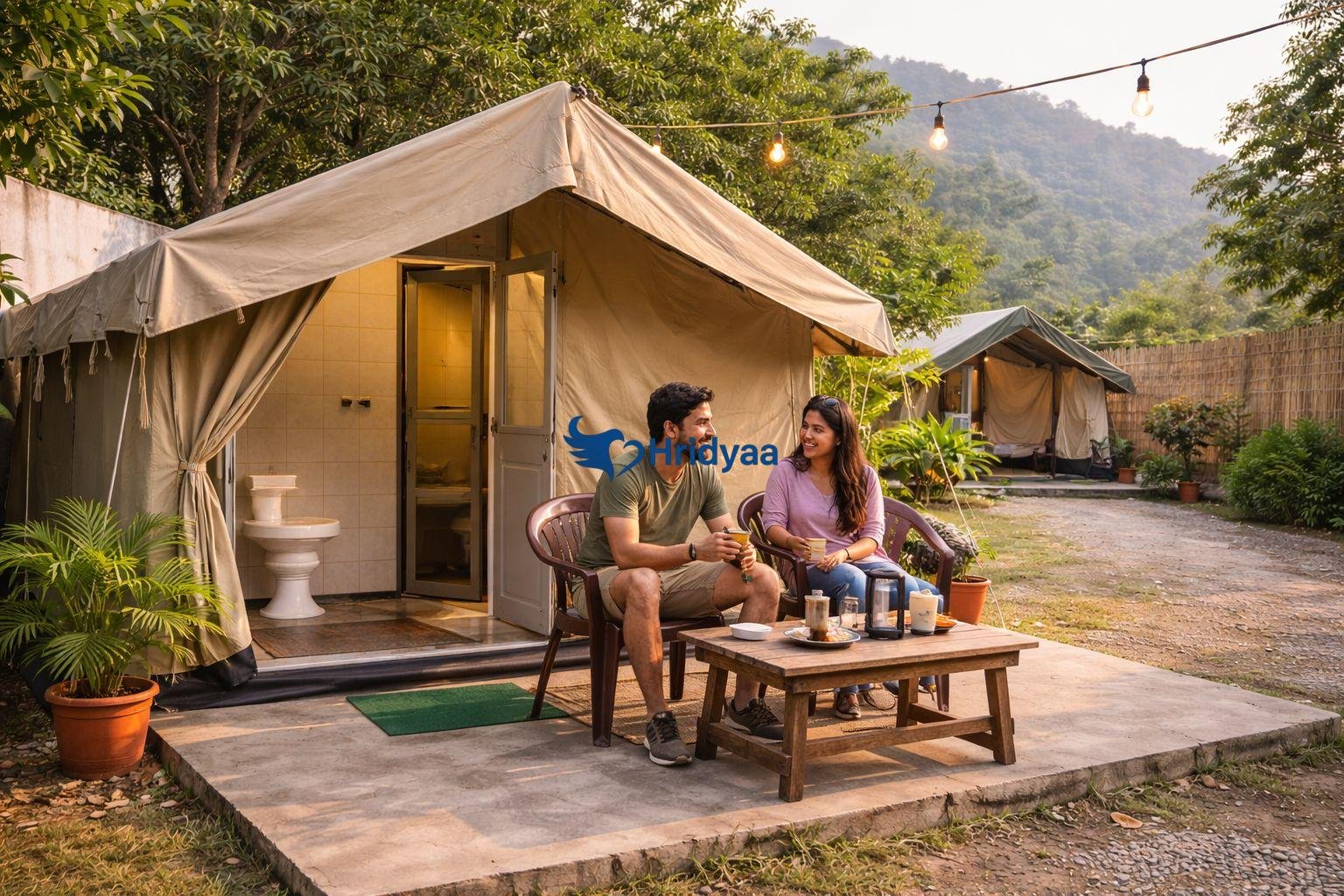 Temporary seasonal tent camping setup in approved zone near Ganga