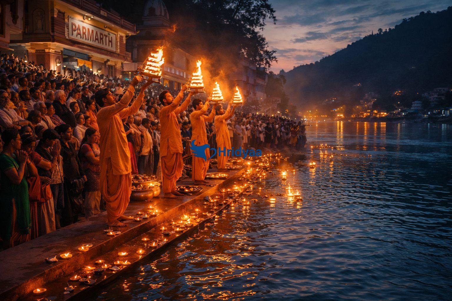 Evening Ganga Aarti at Parmarth Niketan near Tapovan