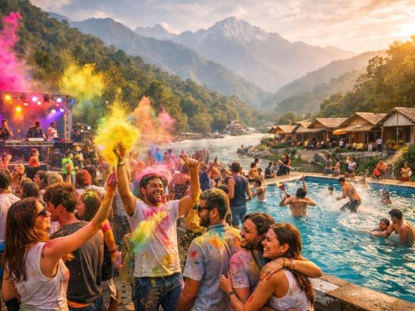 Holi celebration in Rishikesh with DJ pool party, organic colors, riverside camps and Himalayan mountains