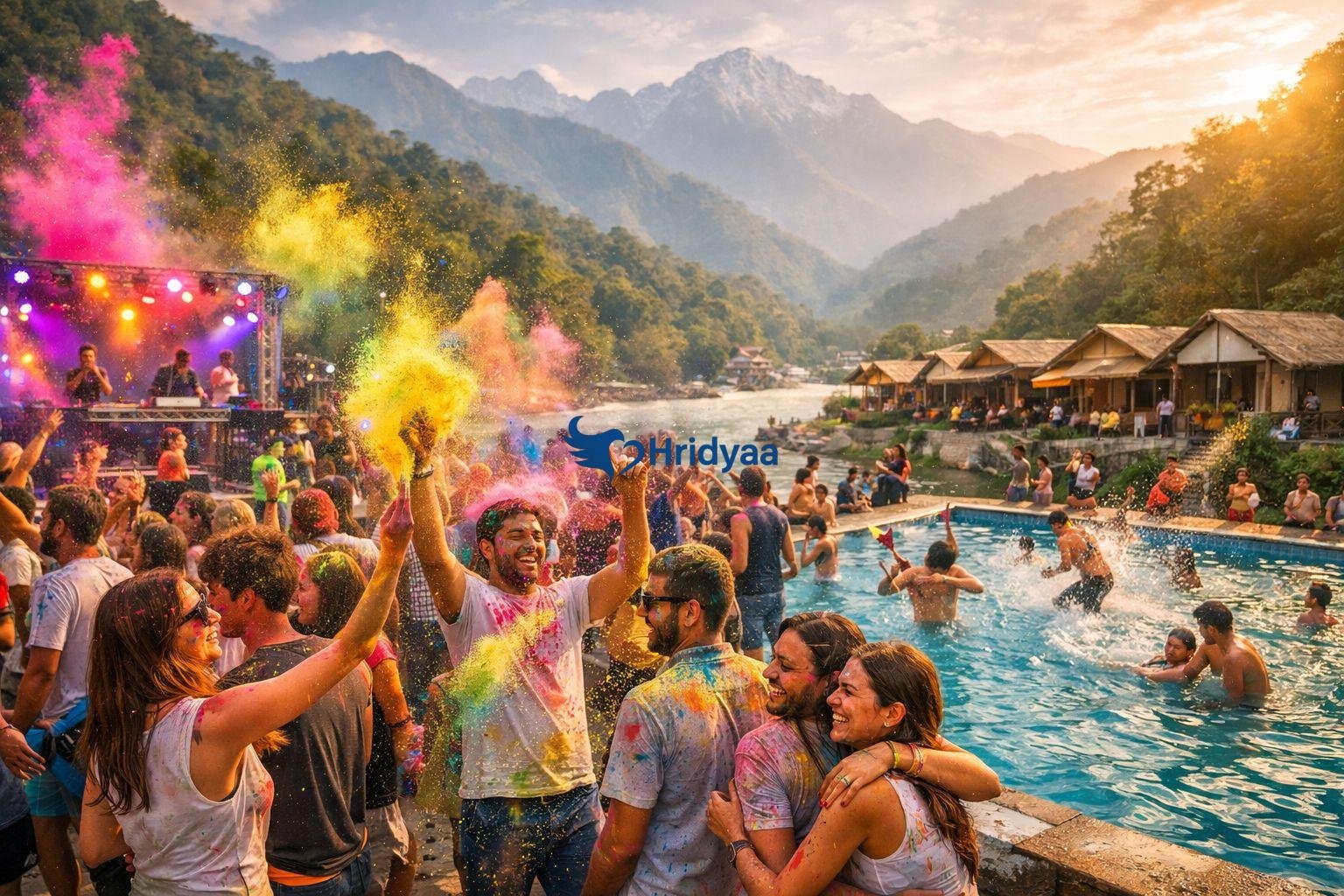 Holi celebration in Rishikesh with DJ pool party, organic colors, riverside camps and Himalayan mountains