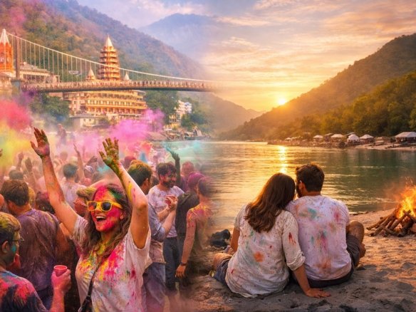 Holi celebration contrast in Rishikesh showing Tapovan’s colorful crowd and a peaceful riverside stay by the Ganga