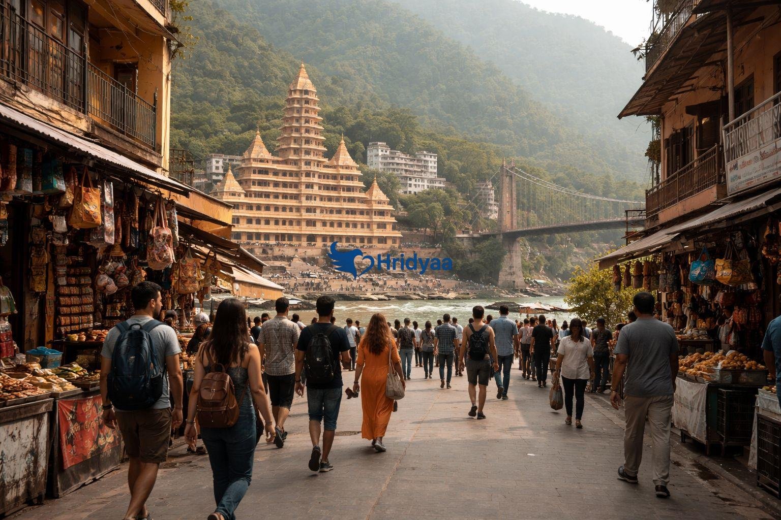 Lakshman Jhula area in Rishikesh showing regular daytime crowds