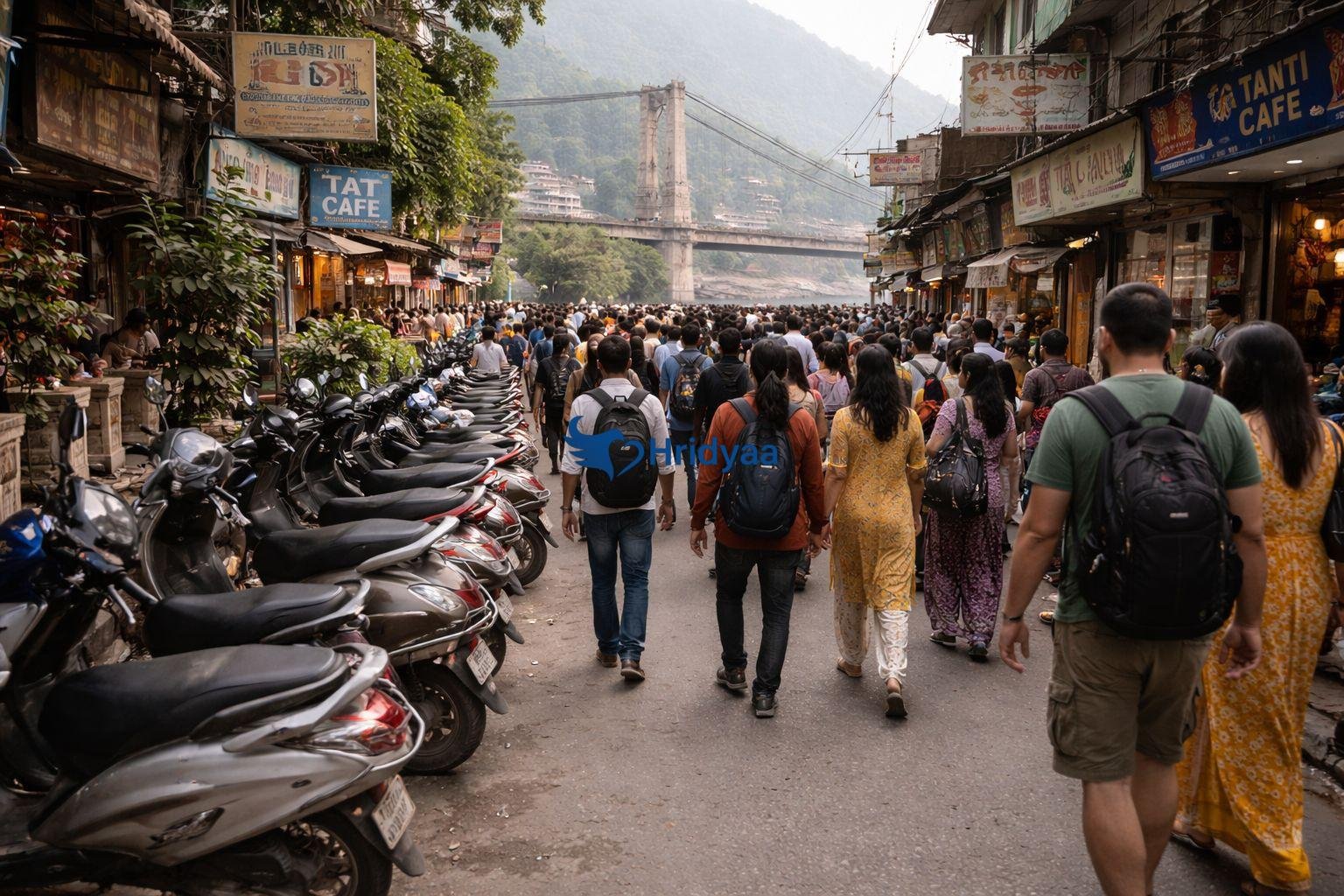 Weekend crowds around Lakshman Jhula and Tapovan area in Rishikesh
