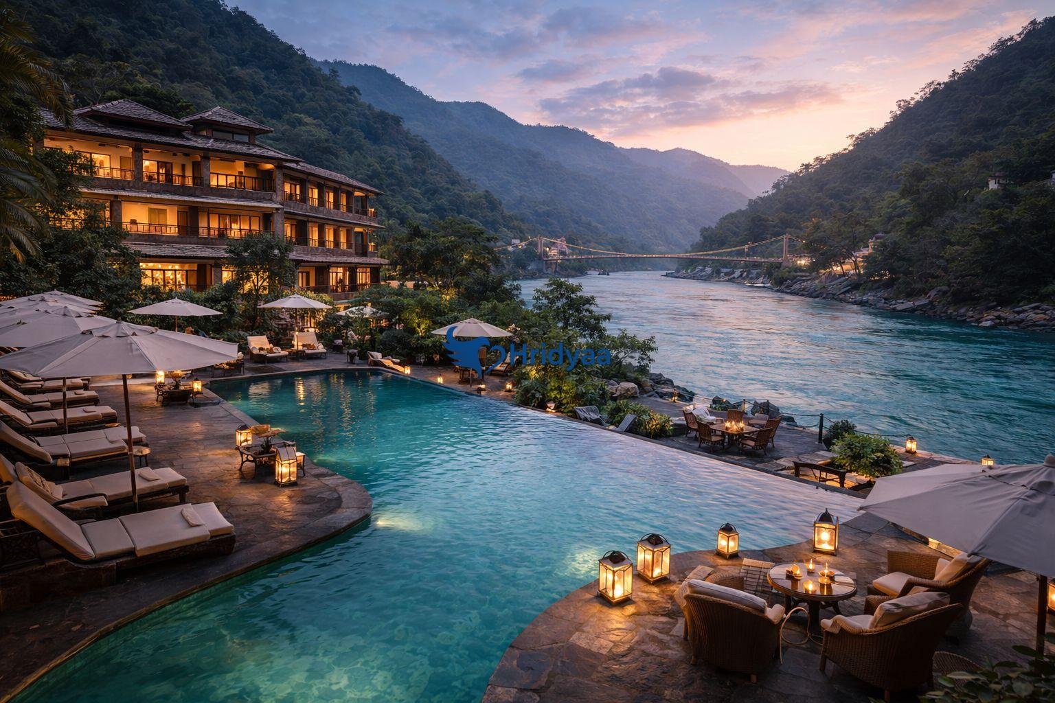 Luxury riverside resort in Rishikesh overlooking the Ganga River with infinity pool and mountain views