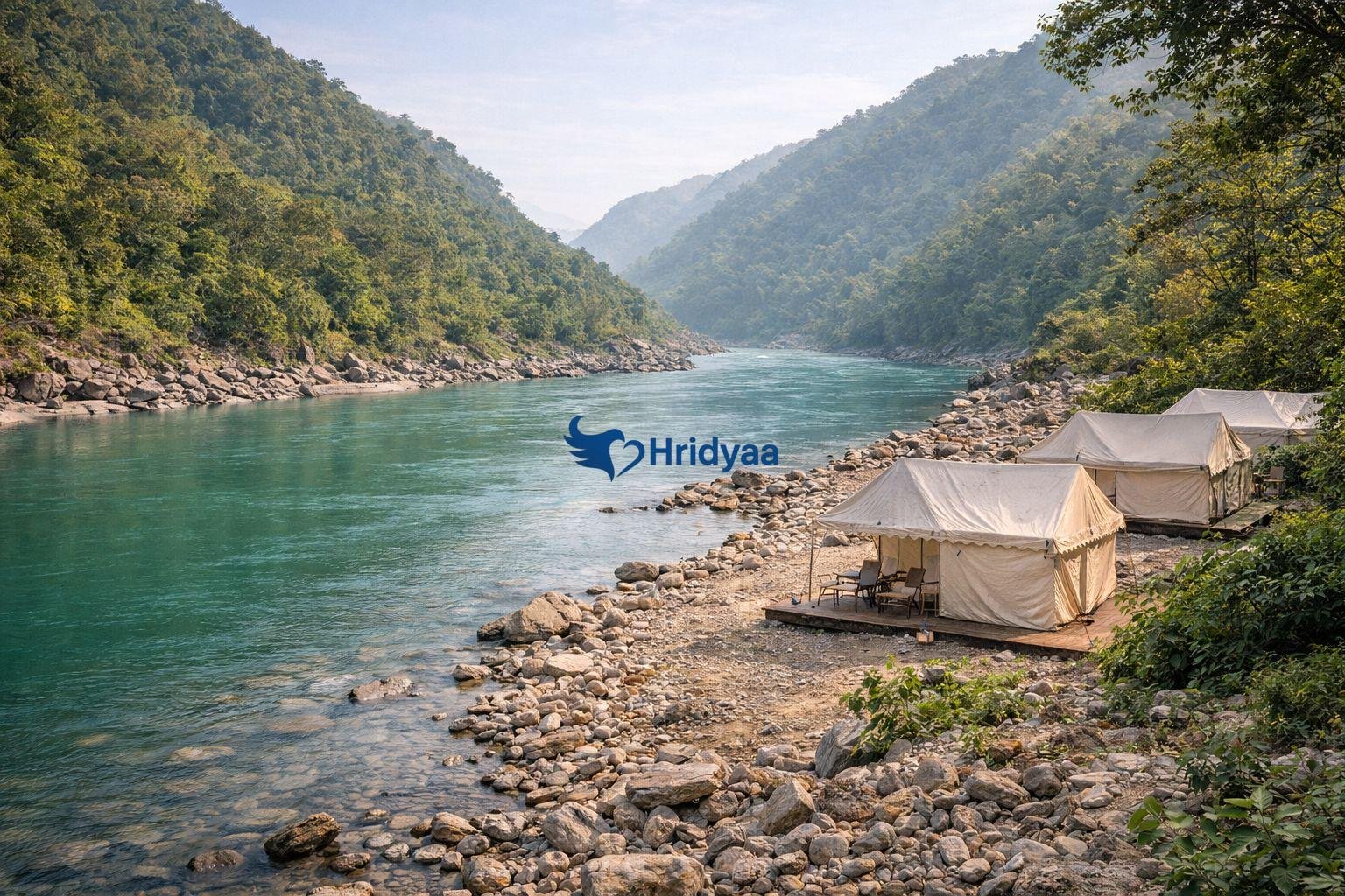 Premium riverside camping setup in Marine Drive belt Rishikesh