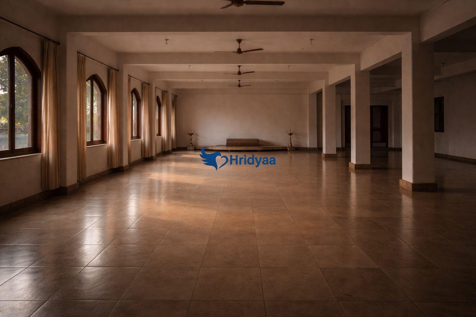 Empty ashram corridor in Rishikesh reflecting stillness and structured daily life
