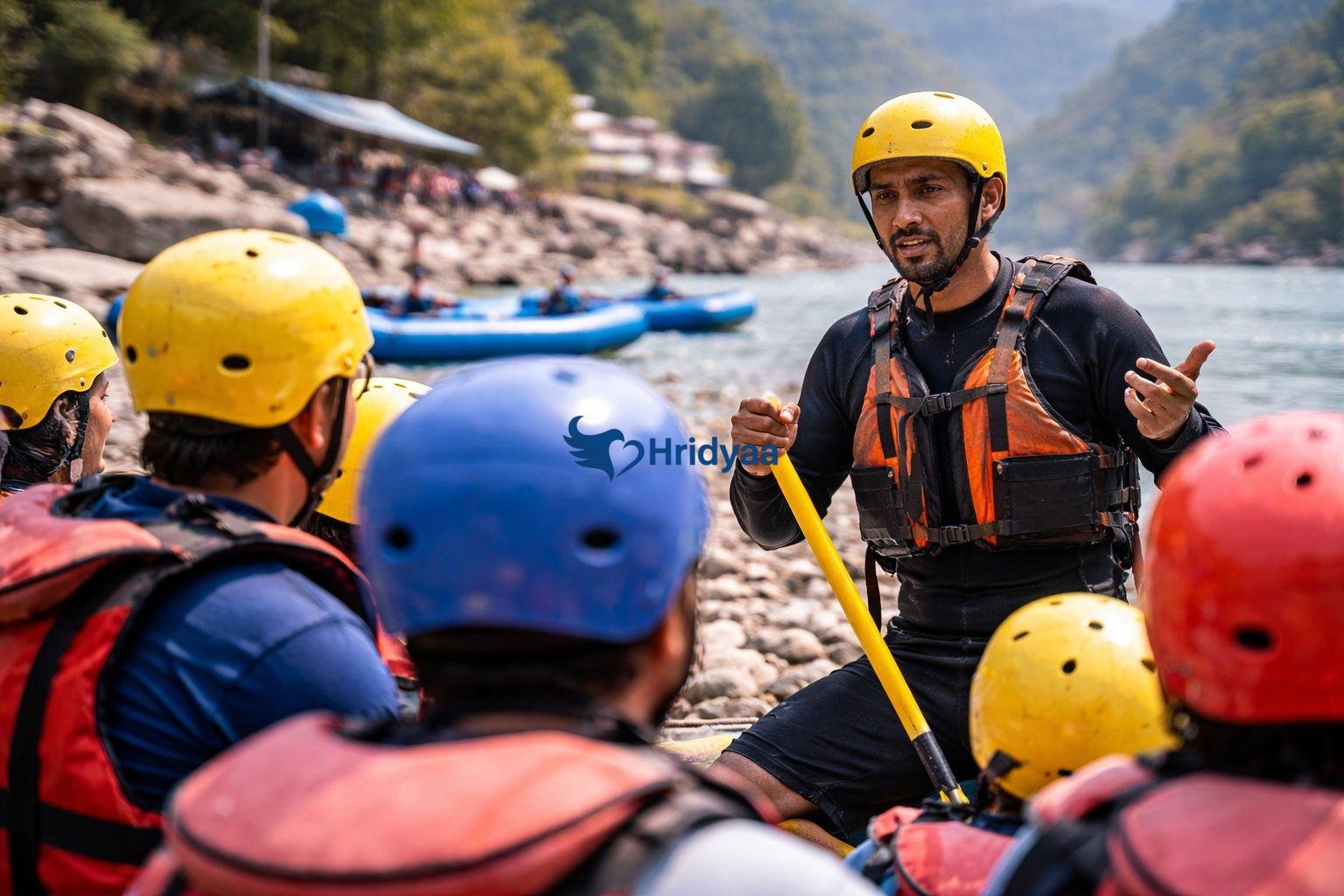 rafting guide safety briefing before river rafting in rishikesh