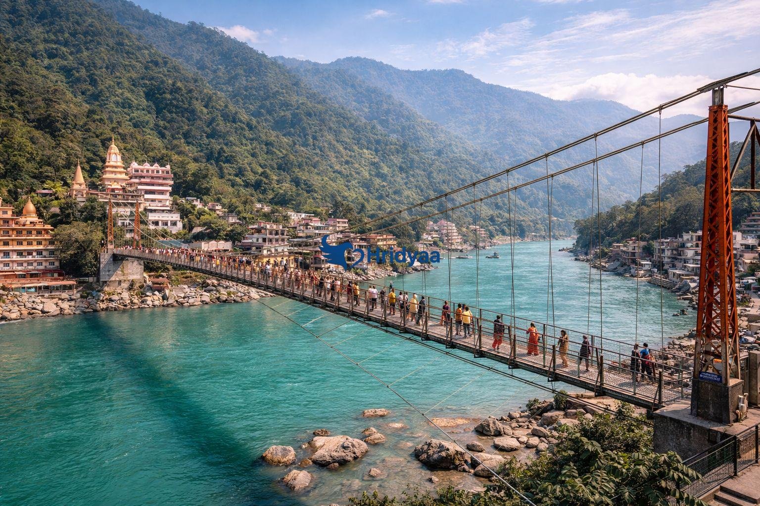Ram Jhula suspension bridge in Rishikesh during daytime with pedestrians crossing above the turquoise Ganga River