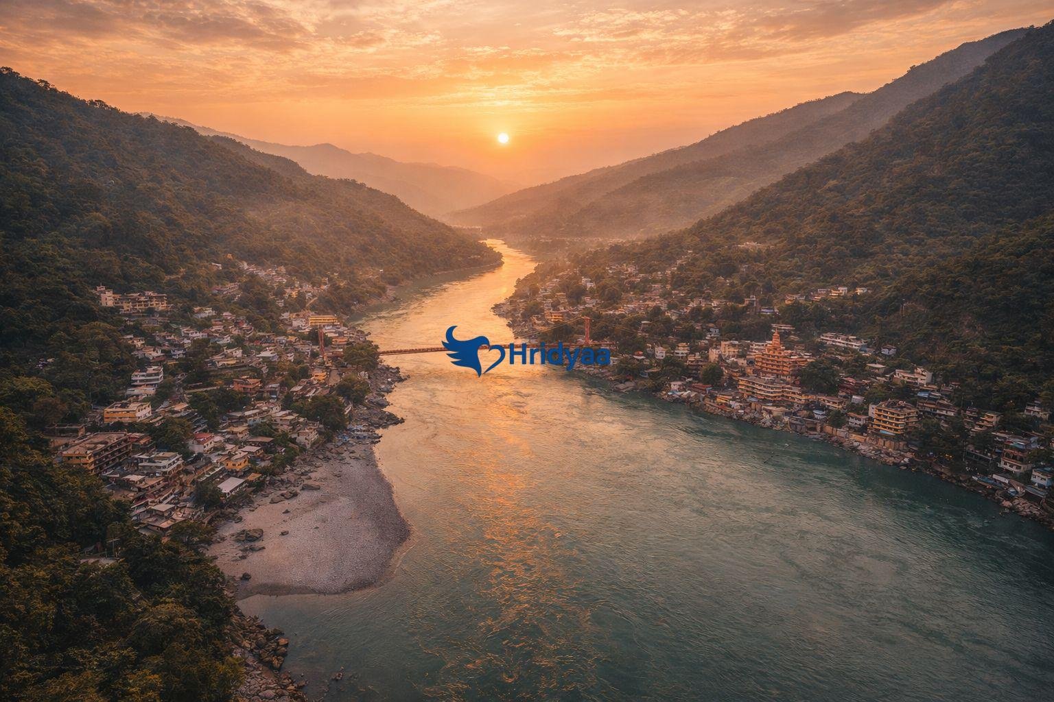 Aerial sunset view of Rishikesh and the Ganga river