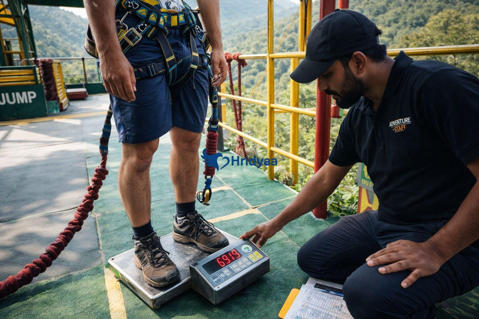 Participant weight check before bungee jumping in Rishikesh