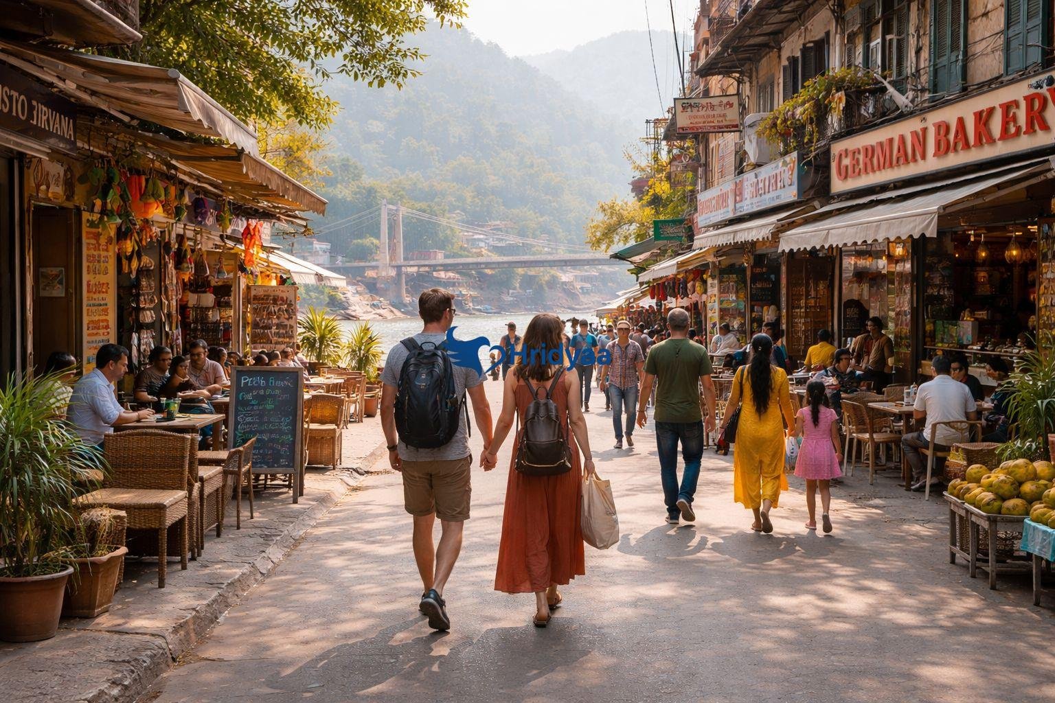 Daytime pedestrian activity near Ram Jhula in Rishikesh