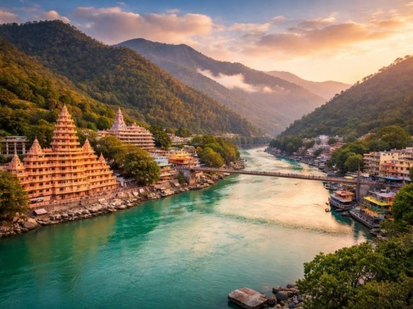 Scenic view of Rishikesh with the Ganga River flowing between Himalayan hills at sunset