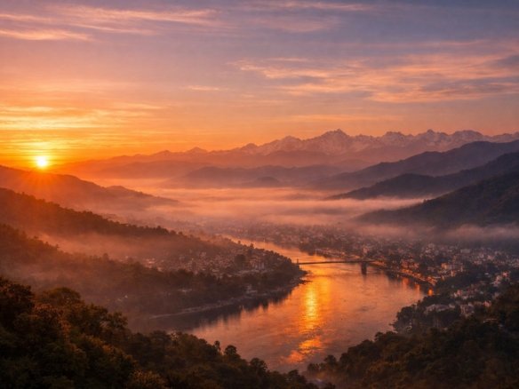 Hidden sunrise and winterline sunset sky over Rishikesh hills