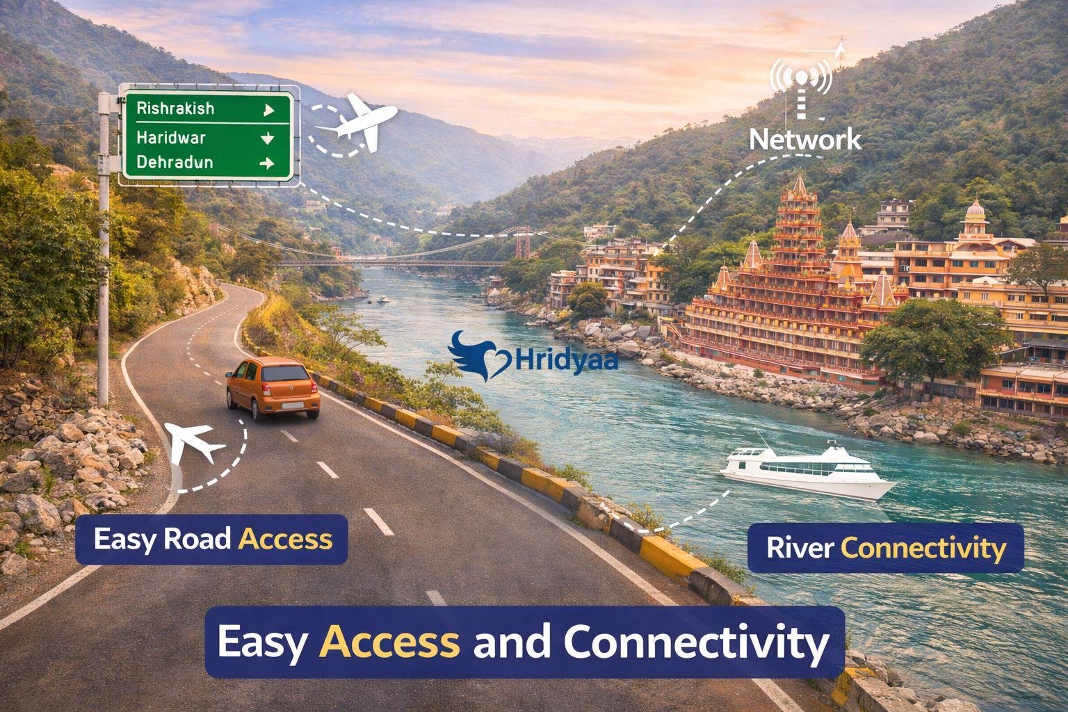 Road and river view of Rishikesh showing easy access and connectivity