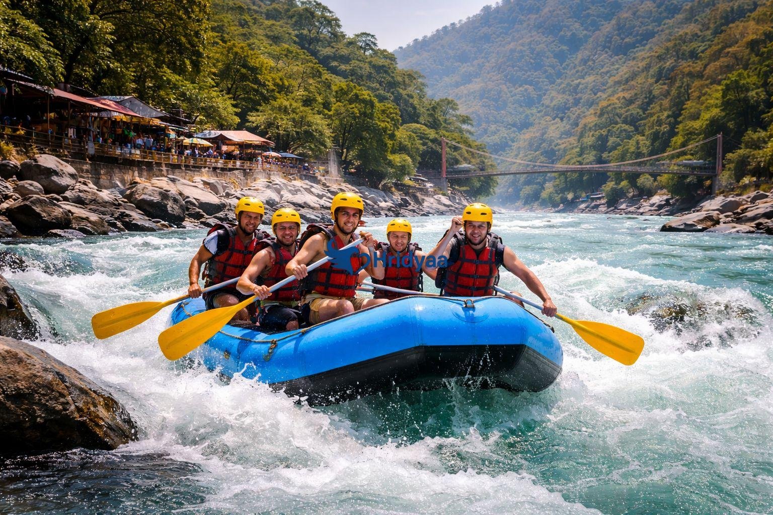Group enjoying river rafting in Rishikesh during summer on the Ganga River near Shivpuri