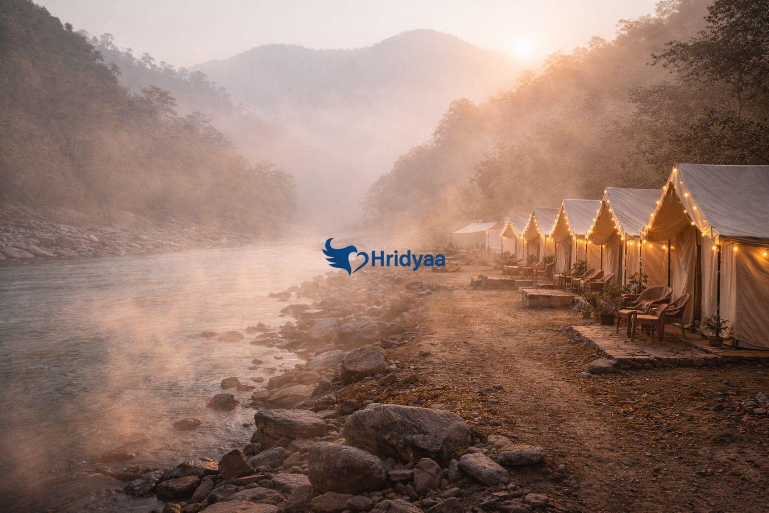 Riverside camping in Rishikesh with misty sunrise