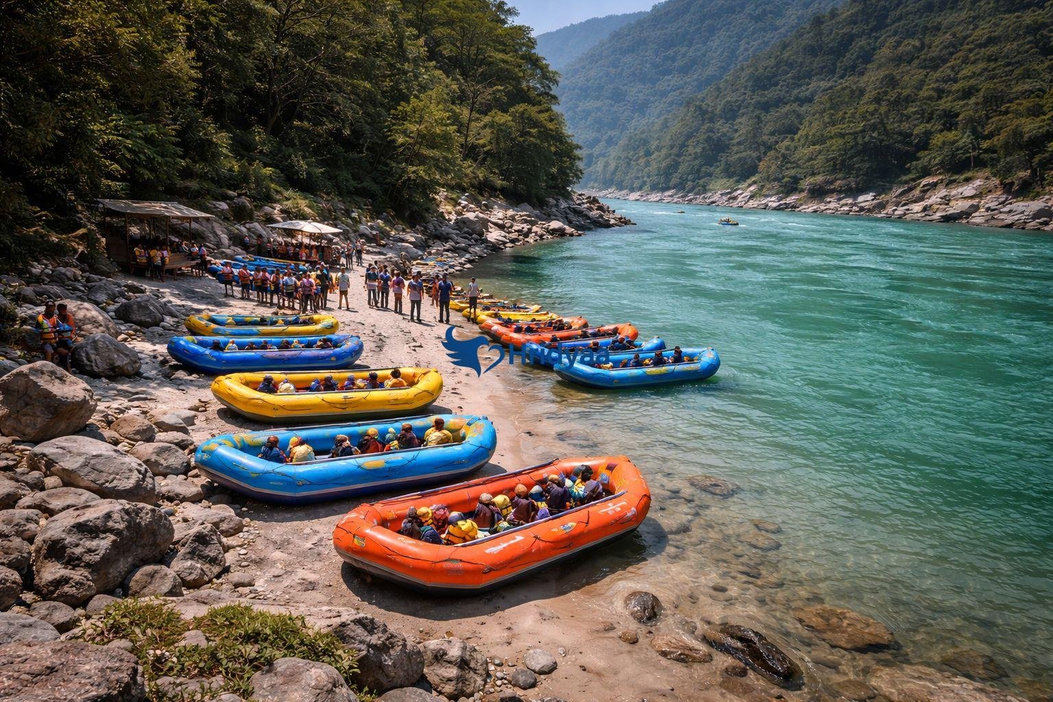 Rafting boats lined up at Shivpuri rafting starting point near Rishikesh on the Ganga River