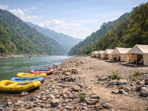Night camping in Rishikesh with tents and bonfire near the Ganga river