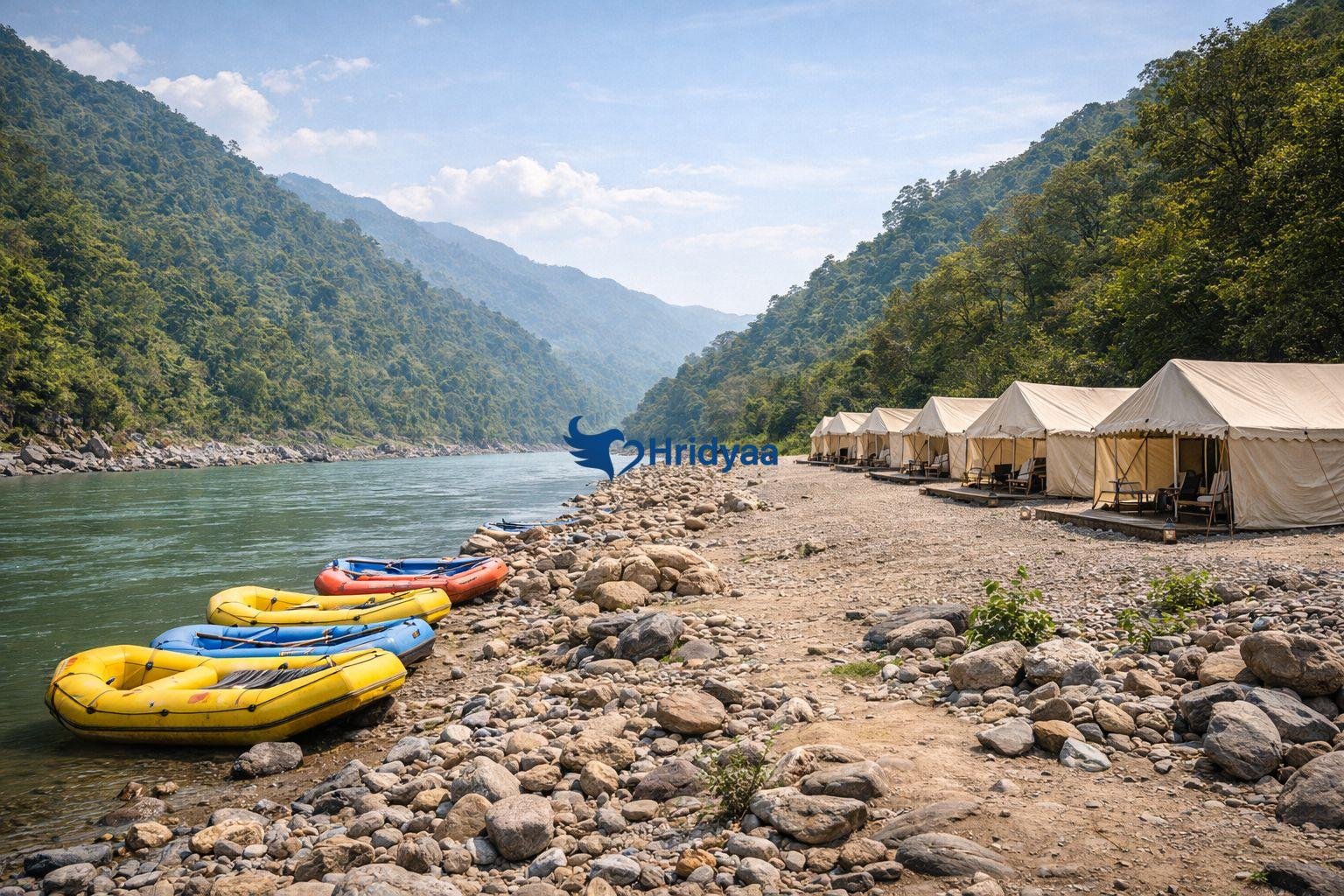 Night camping in Rishikesh with tents and bonfire near the Ganga river