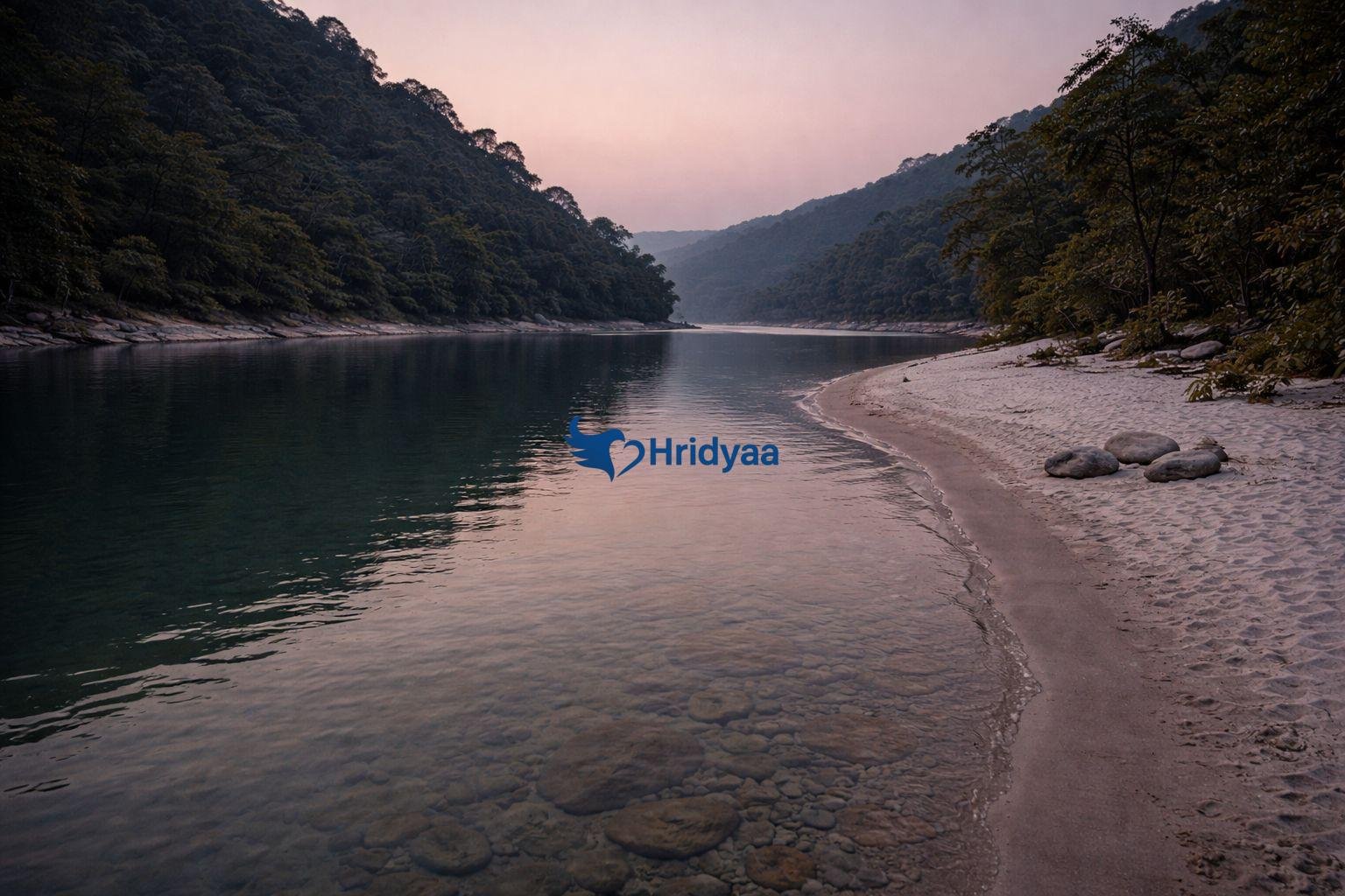 Quiet riverbank in Rishikesh during evening hours surrounded by forest and stillness