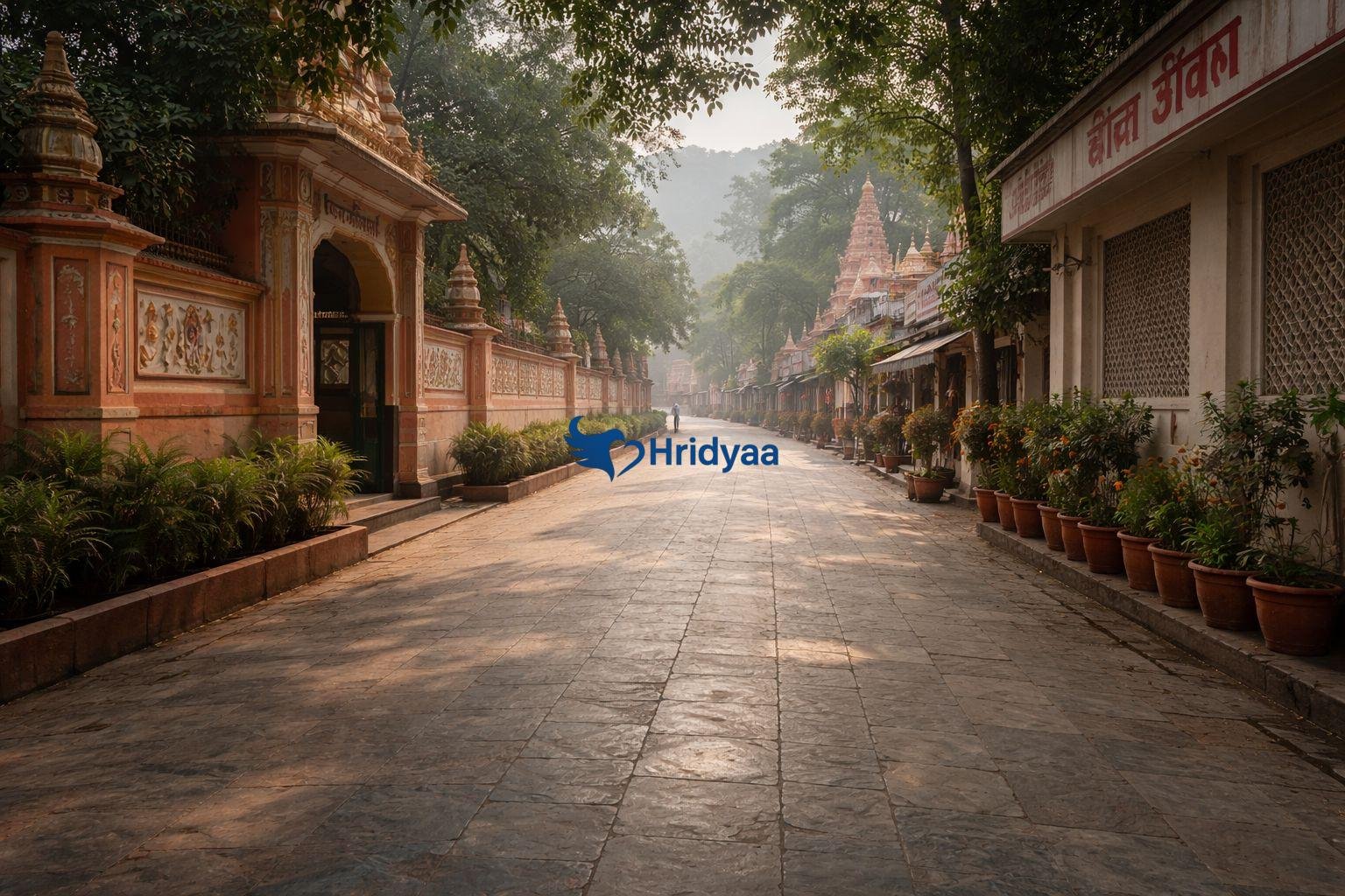 Quiet pedestrian-only path inside Swarg Ashram in Rishikesh