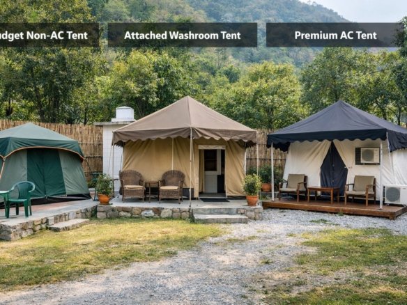 camping tent categories showing budget, attached washroom and AC tents