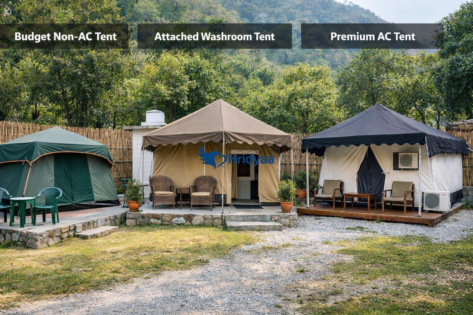 camping tent categories showing budget, attached washroom and AC tents