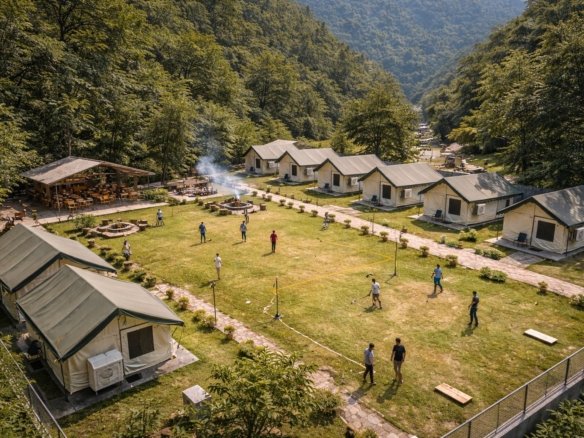 Premium riverside camp on Neelkanth Road with spacious layout