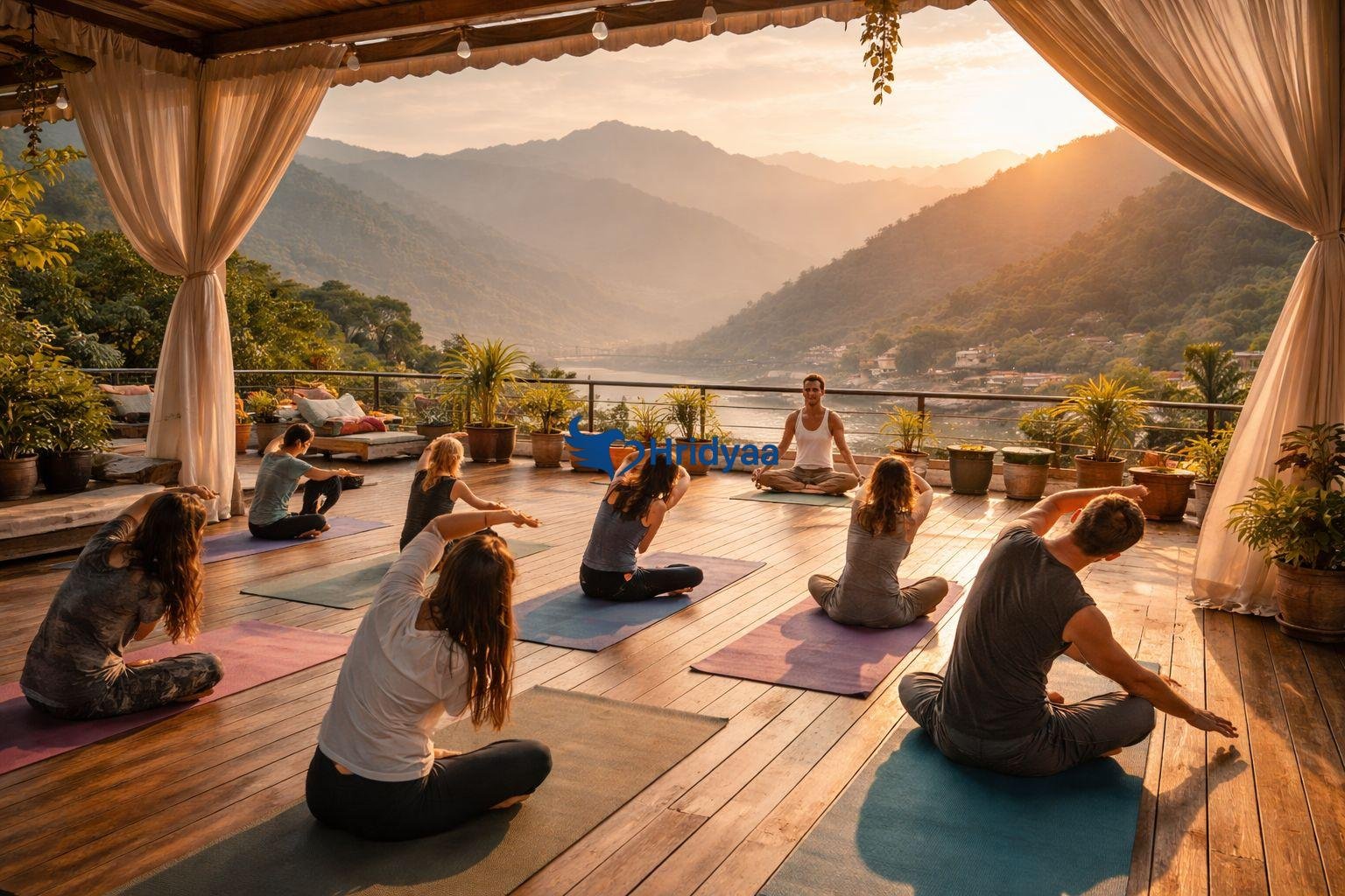 Morning rooftop yoga retreat session in Tapovan Rishikesh with mountain views