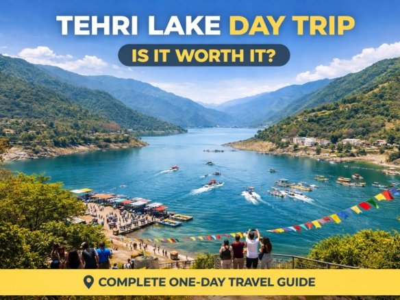 Wide view of Tehri Lake in Uttarakhand with blue water, boats, surrounding green hills, and visitors enjoying a scenic day trip