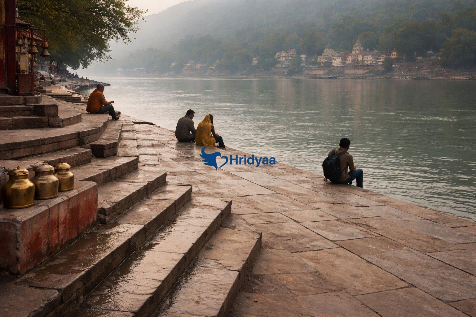 Stone steps and riverbank at Triveni Ghat in Rishikesh