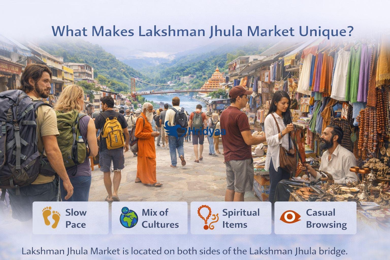 Lakshman Jhula Market in Rishikesh showing narrow walking lanes, spiritual shops, international travelers, and local culture