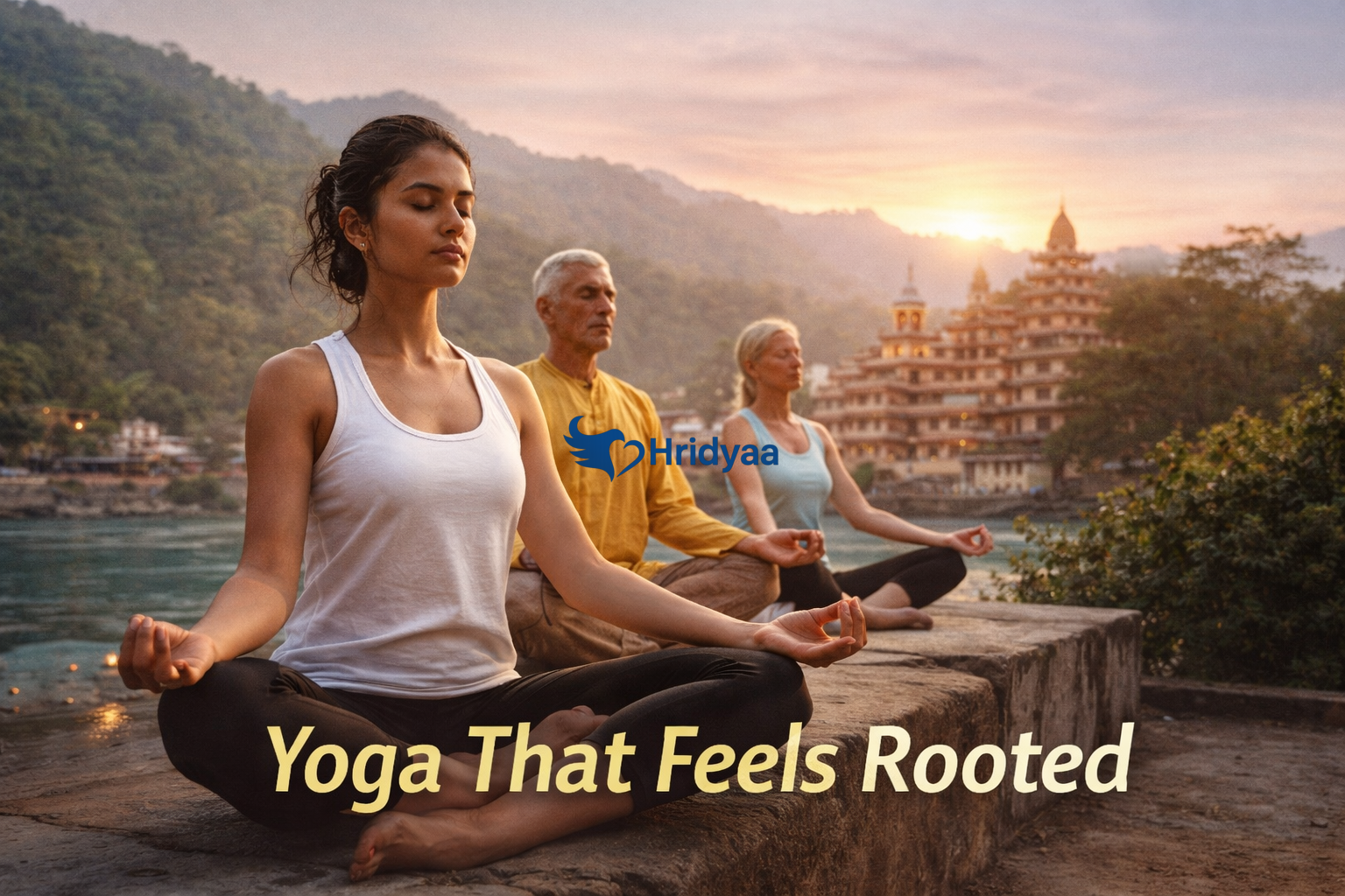 Morning yoga practice by the Ganga in Rishikesh with Himalayan foothills and ashram surroundings