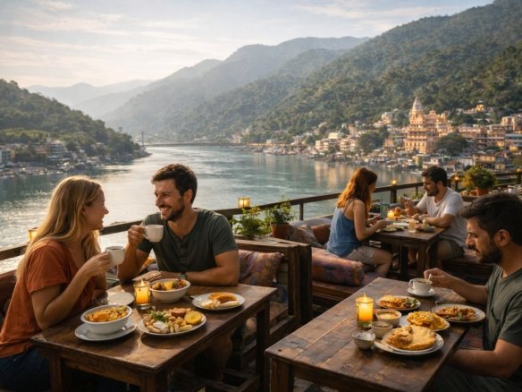 cafe seating overlooking flowing ganga river in rishikesh
