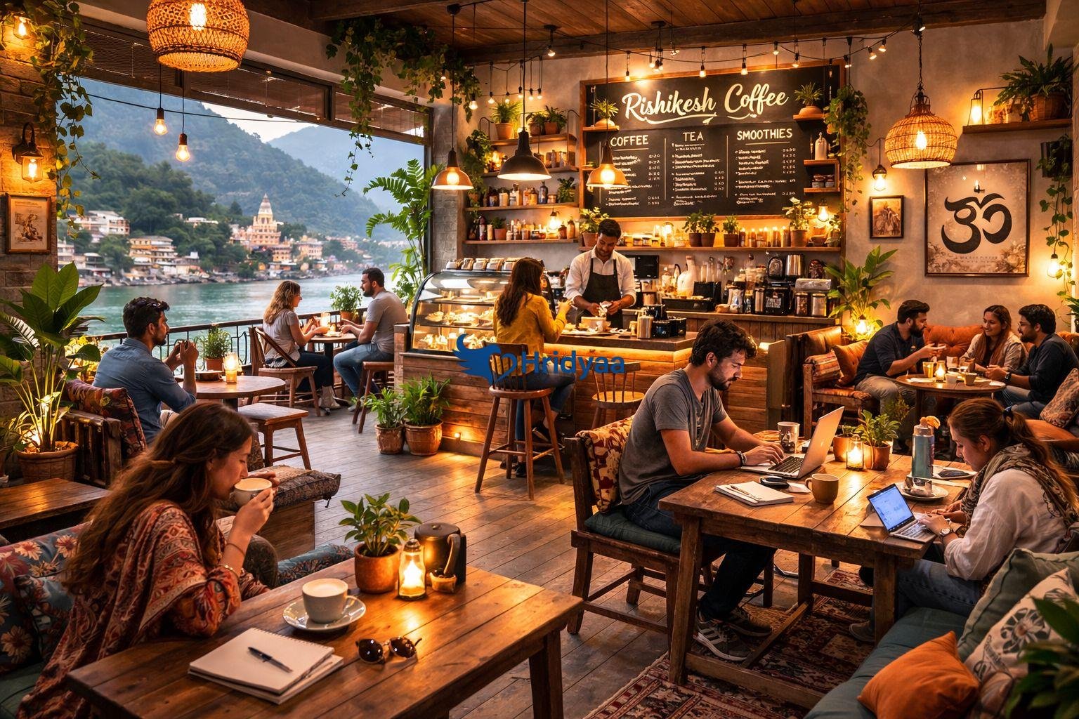 evening rooftop cafe in rishikesh with lights and relaxed atmosphere