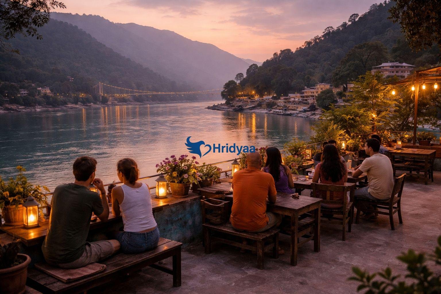 people sitting at rooftop cafe watching ganga river and hills in rishikesh
